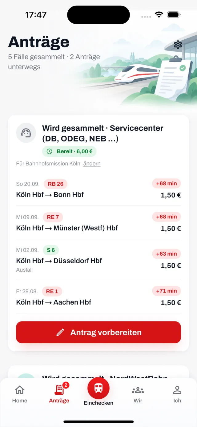 Der Antragsschalter: vier gesammelte Fälle — drei Verspätungen und ein Ausfall — zusammen 6,00 Euro für die Bahnhofsmission Köln, bereit für den Antrag. Darunter beginnt ein zweites Bündel.