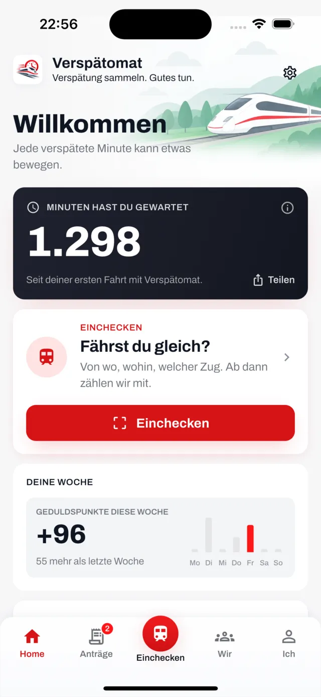 Der Home-Screen: 1.298 Minuten, die du selbst gewartet hast, auf einer dunklen Tafel mit einem Knopf „Teilen“, darunter der rote Knopf „Einchecken“ mit den drei Fragen „Von wo, wohin, welcher Zug“ und die Geduldspunkte dieser Woche, +96, als sieben Balken von Montag bis Sonntag.