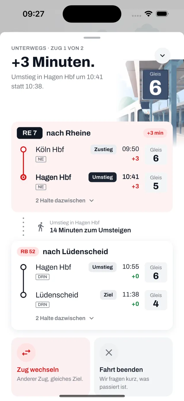 Eine laufende Fahrt mit Umstieg: oben „+3 Minuten“ und die neue Umstiegszeit in Hagen Hbf, darunter der RE 7 von Köln Hbf bis Hagen Hbf und der RB 52 weiter nach Lüdenscheid, je mit Zeit und Gleis, dazwischen 14 Minuten zum Umsteigen.